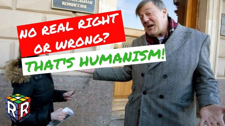 A man in a gray coat gestures while talking to a woman holding a notebook. Text over the image reads: NO REAL RIGHT OR WRONG? THATS HUMANISM! A colorful Rubiks cube logo is in the corner.