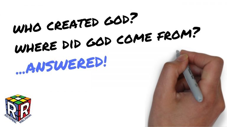 A hand writing with a marker on a whiteboard with the text: WHO CREATED GOD? WHERE DID GOD COME FROM? ...ANSWERED! A logo with a Rubiks cube and RATIONAL RELIGION is in the corner.
