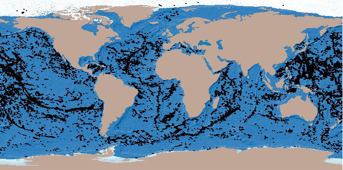 Map of the world marked with known seamounts