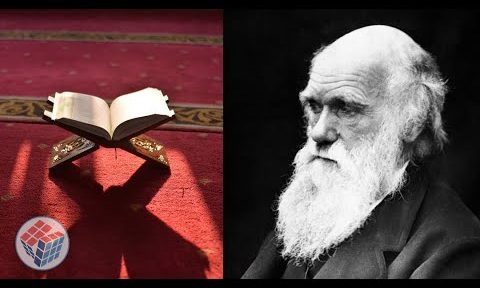 An open book on a wooden stand sits on a red carpet, illuminated by light, on the left; on the right, an older bearded man stares pensively in a black and white portrait.