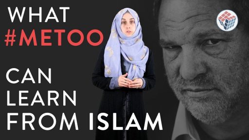 A woman in a light blue hijab stands in front of a dark background featuring a grayscale image of a mans face. Large text reads: WHAT #METOO CAN LEARN FROM ISLAM.