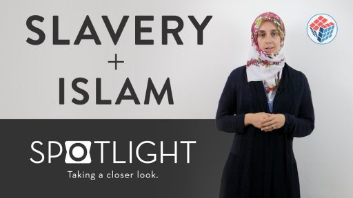 A woman in a hijab stands next to text reading Slavery + Islam and SPOTLIGHT Taking a closer look. There is a red and blue cube logo in the top right corner on a light background.