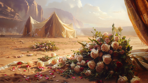 A luxurious tent stands in a sunlit desert with rocky cliffs behind it. Bouquets of roses and scattered petals lie on the sand in the foreground, suggesting a celebration or special event.